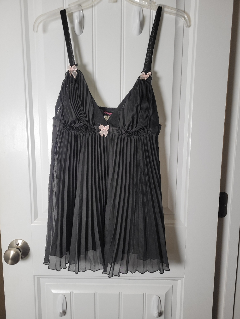 Dreamgirl Black Pleated Sheer Babydoll Chemise with Pink Bow Accents